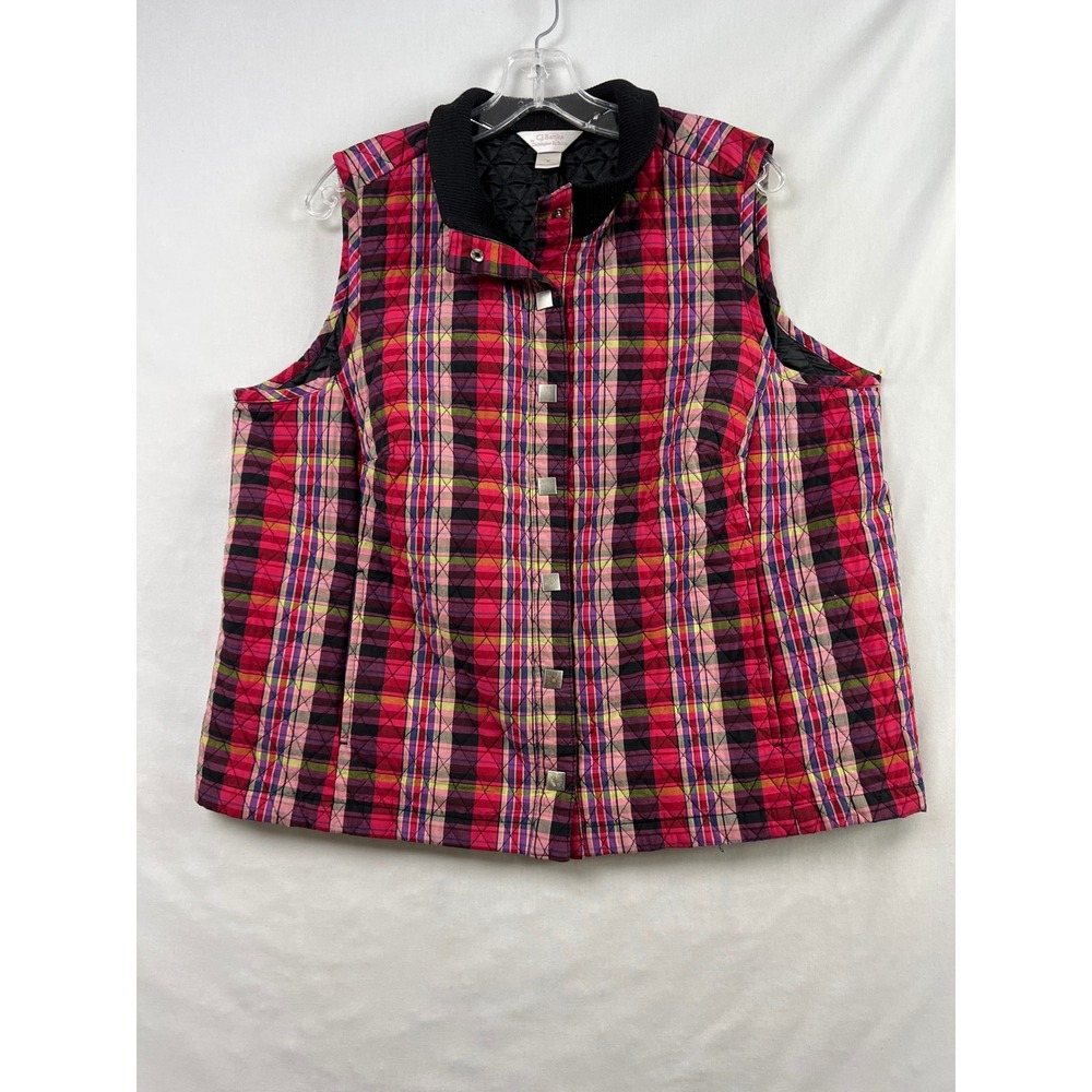 CJ Banks Quilted Vest Womens X Pink Plaid Snap Front Mock Neck Sleeveless Jacket